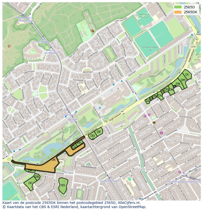 Afbeelding van het postcodegebied 2565 DK op de kaart.