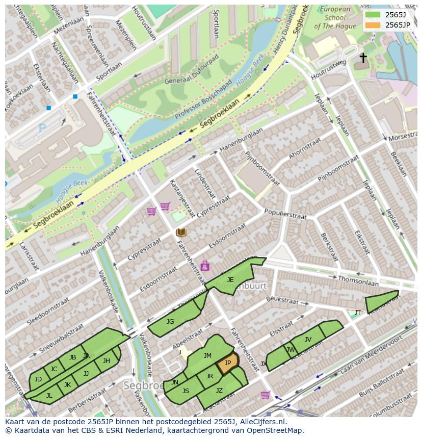 Afbeelding van het postcodegebied 2565 JP op de kaart.