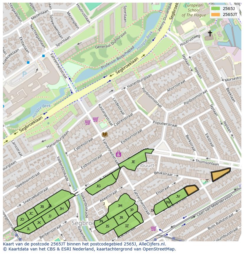Afbeelding van het postcodegebied 2565 JT op de kaart.