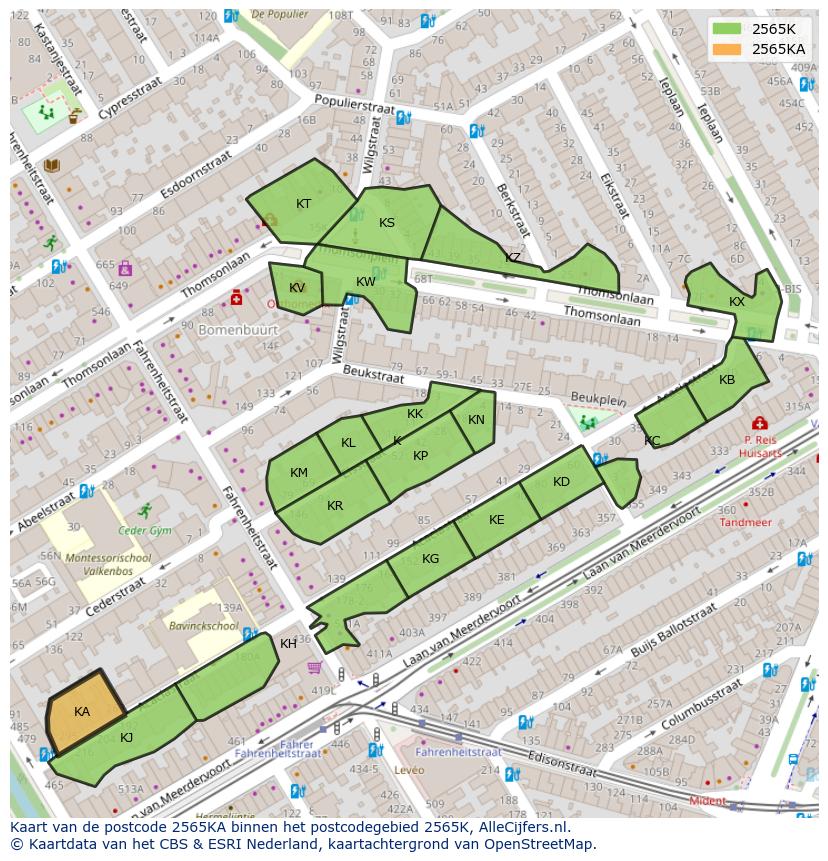 Afbeelding van het postcodegebied 2565 KA op de kaart.