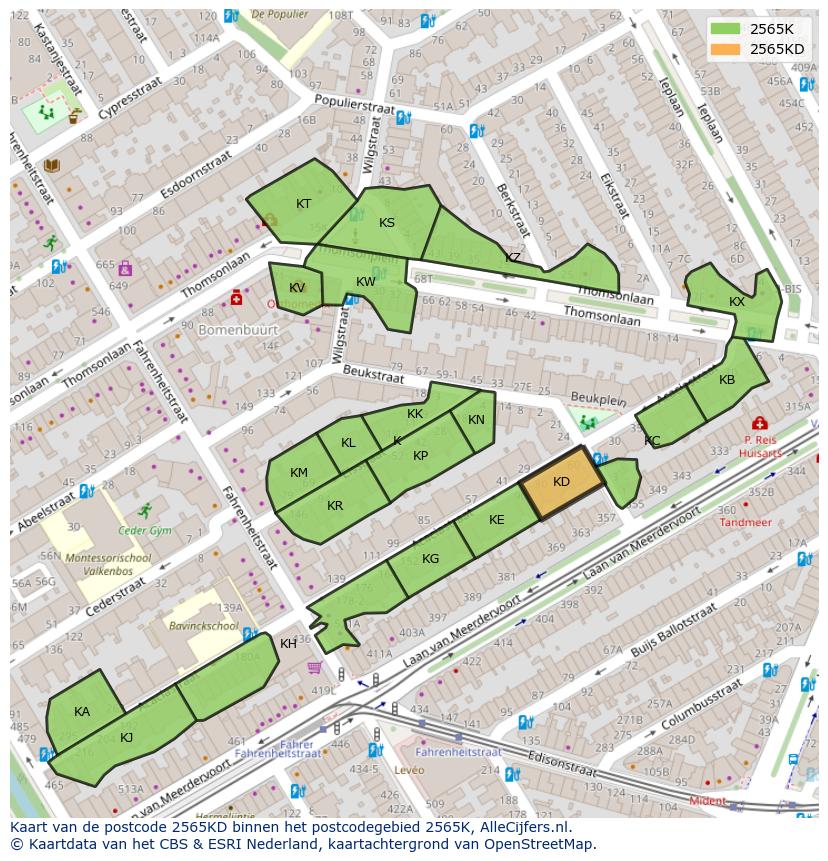 Afbeelding van het postcodegebied 2565 KD op de kaart.