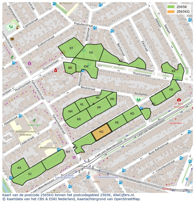 Afbeelding van het postcodegebied 2565 KG op de kaart.