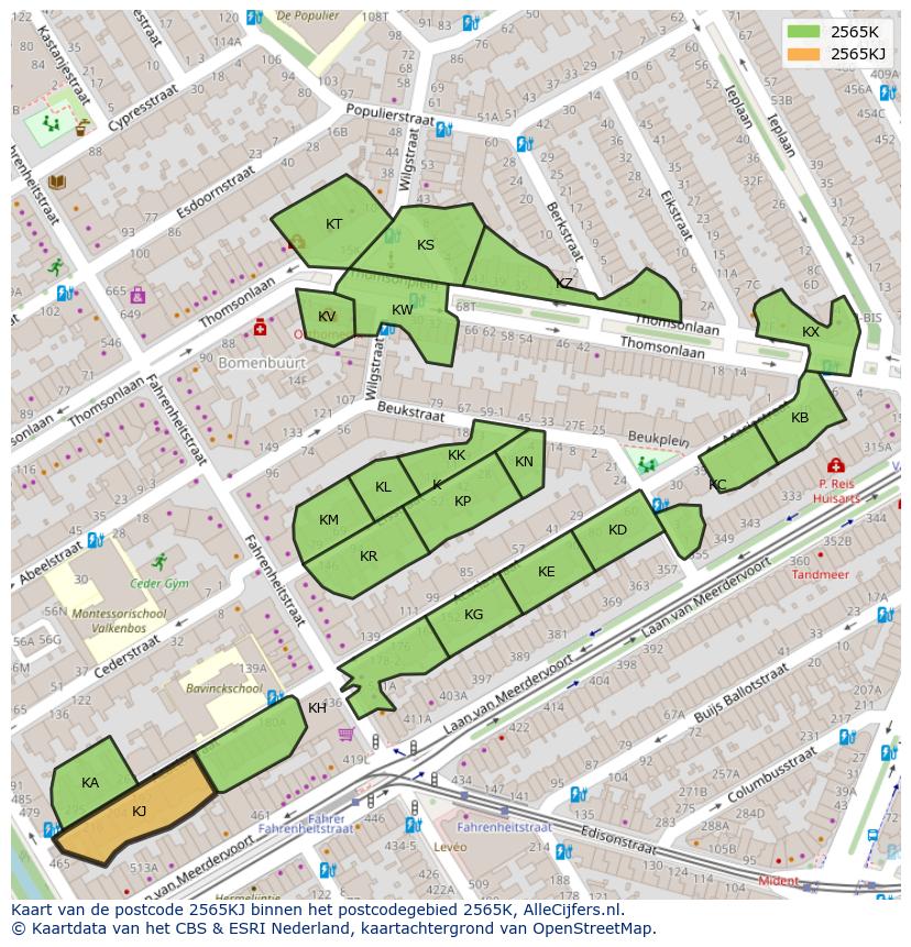Afbeelding van het postcodegebied 2565 KJ op de kaart.