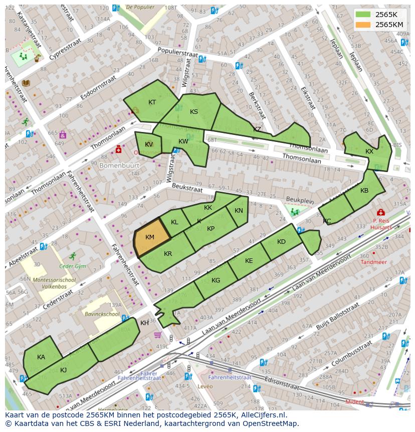 Afbeelding van het postcodegebied 2565 KM op de kaart.