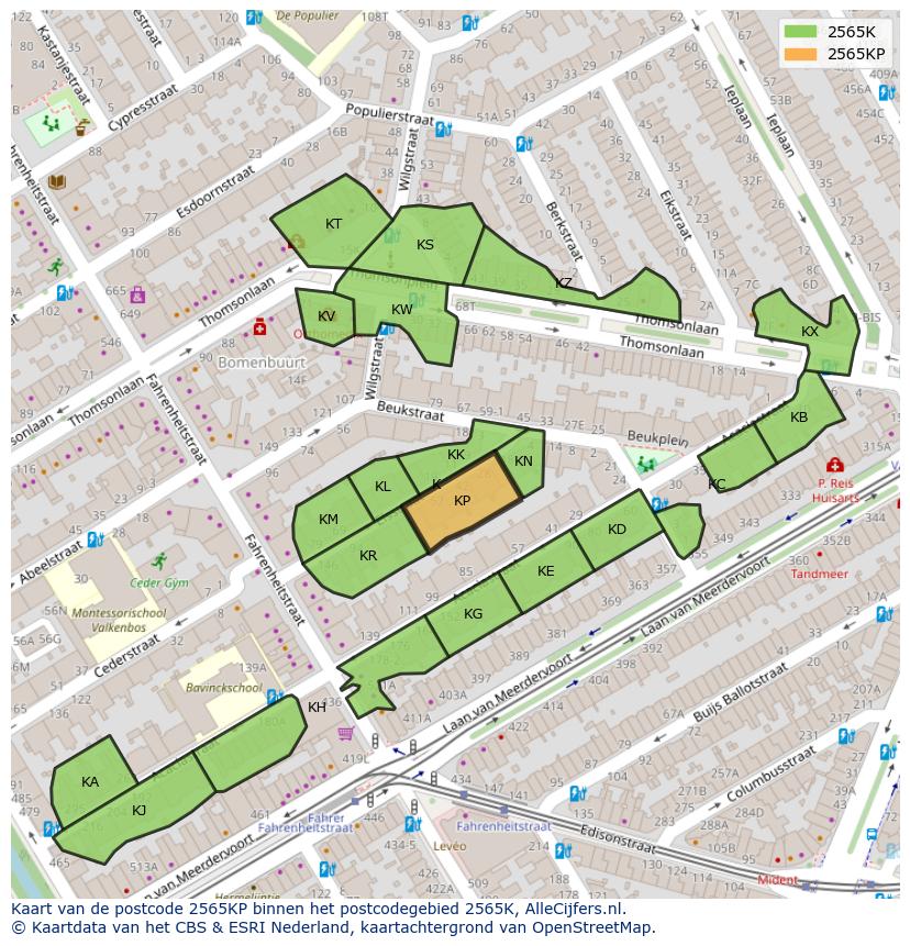 Afbeelding van het postcodegebied 2565 KP op de kaart.