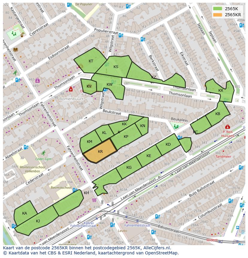 Afbeelding van het postcodegebied 2565 KR op de kaart.