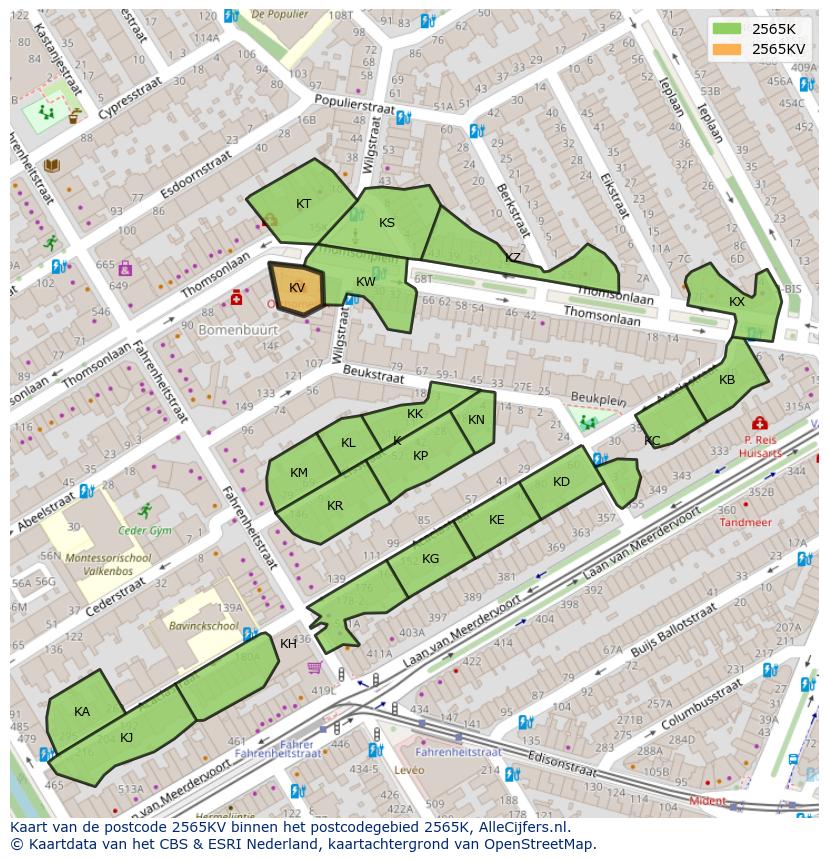 Afbeelding van het postcodegebied 2565 KV op de kaart.