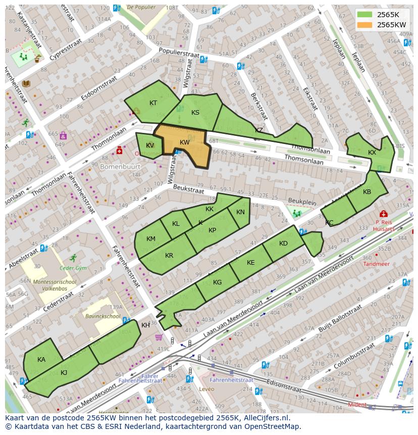 Afbeelding van het postcodegebied 2565 KW op de kaart.