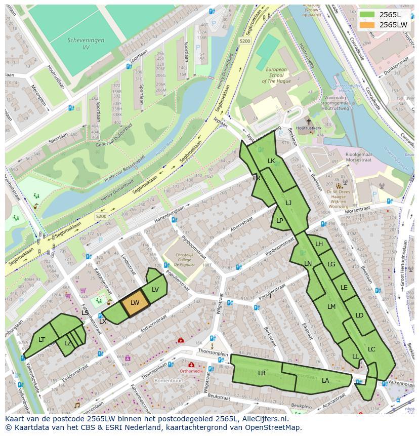 Afbeelding van het postcodegebied 2565 LW op de kaart.