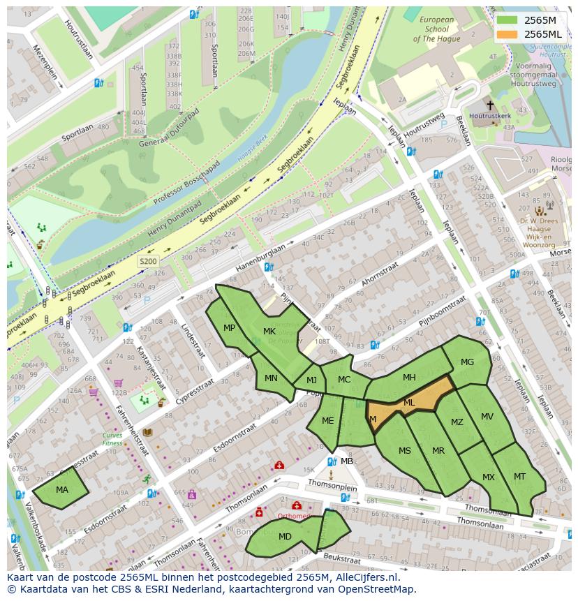 Afbeelding van het postcodegebied 2565 ML op de kaart.