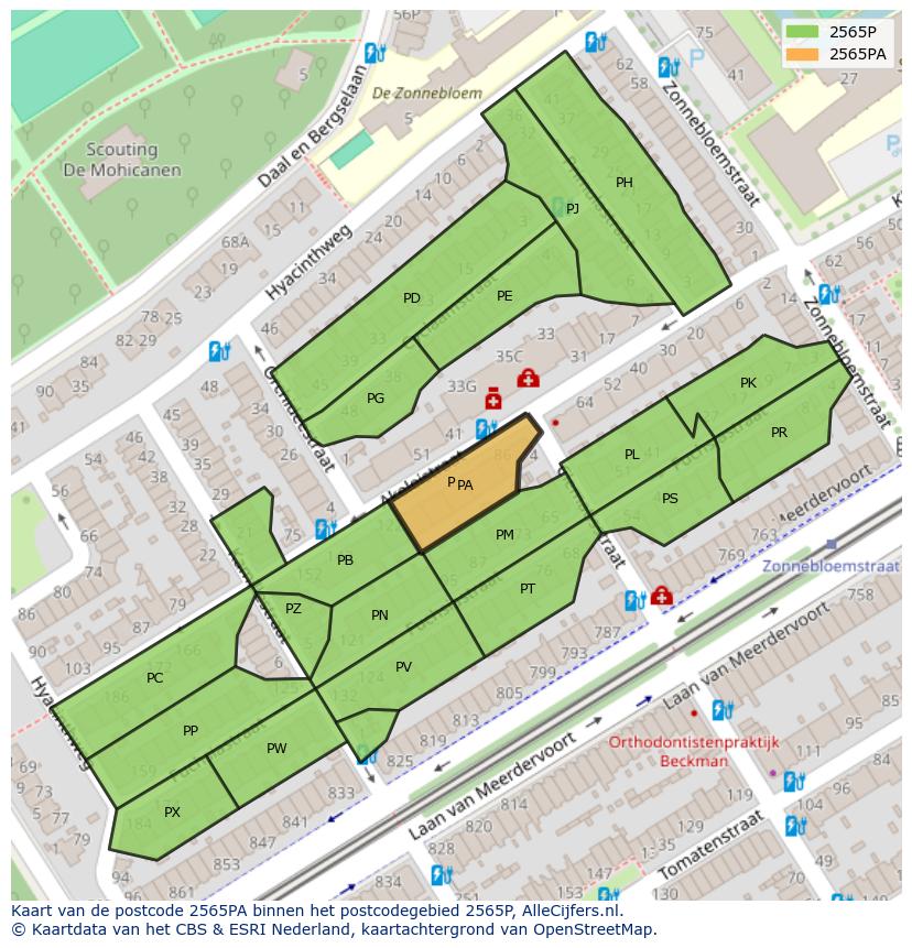 Afbeelding van het postcodegebied 2565 PA op de kaart.