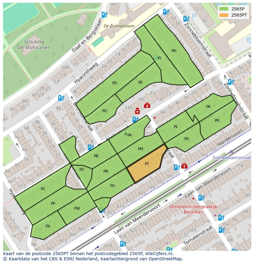 Afbeelding van het postcodegebied 2565 PT op de kaart.