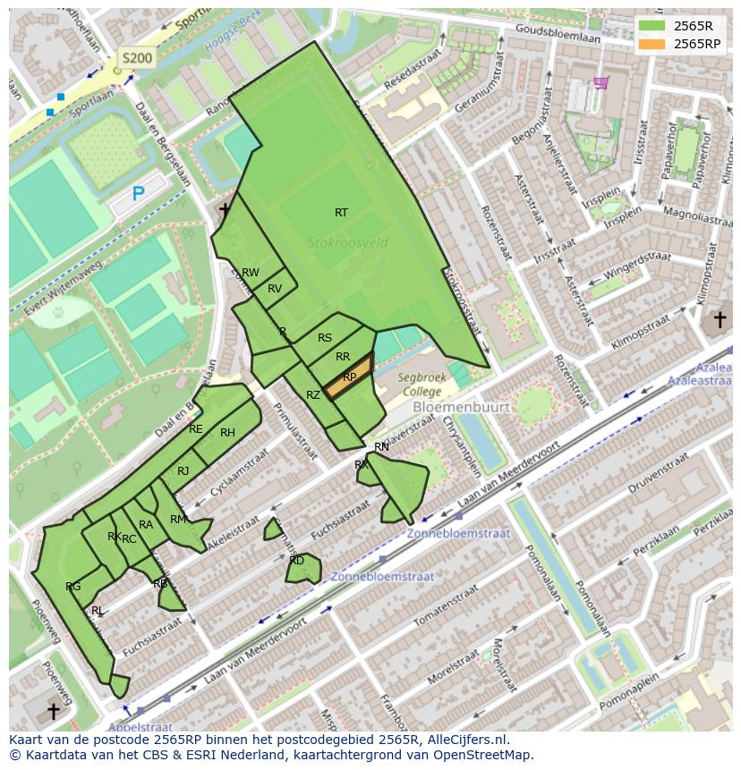 Afbeelding van het postcodegebied 2565 RP op de kaart.