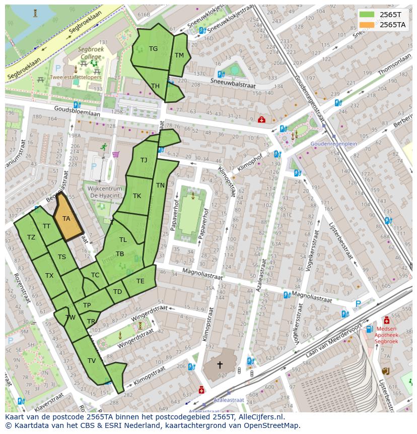 Afbeelding van het postcodegebied 2565 TA op de kaart.