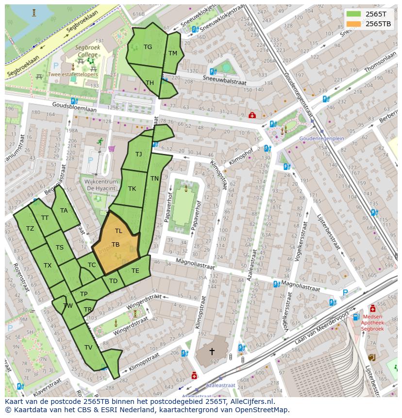 Afbeelding van het postcodegebied 2565 TB op de kaart.