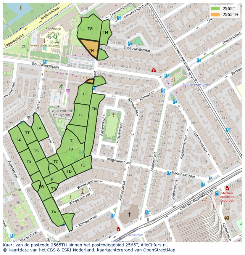 Afbeelding van het postcodegebied 2565 TH op de kaart.