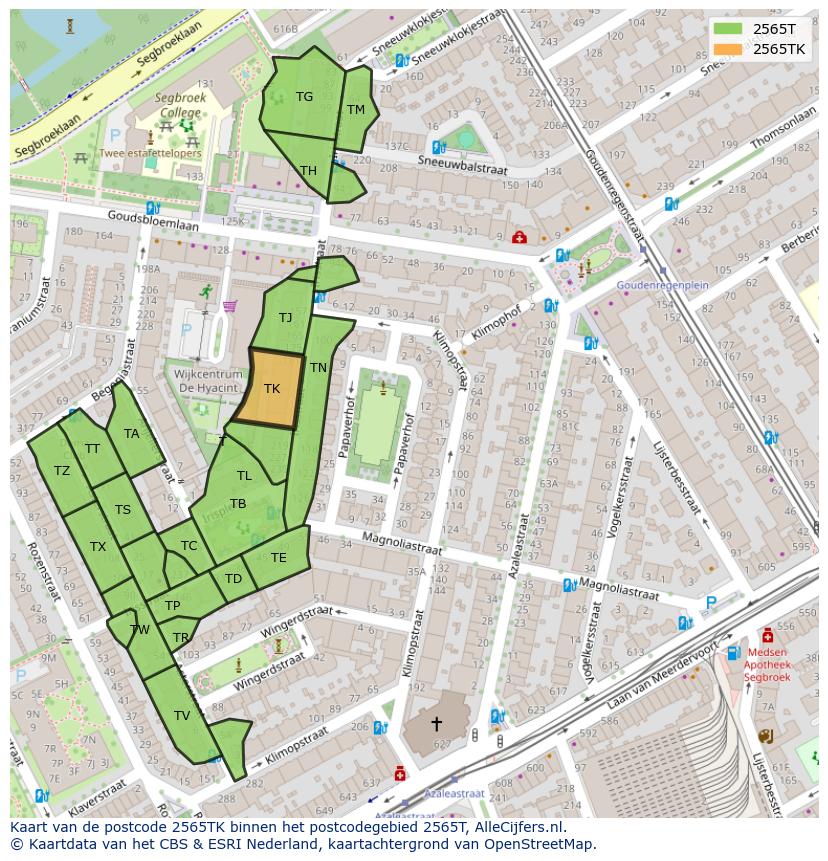 Afbeelding van het postcodegebied 2565 TK op de kaart.