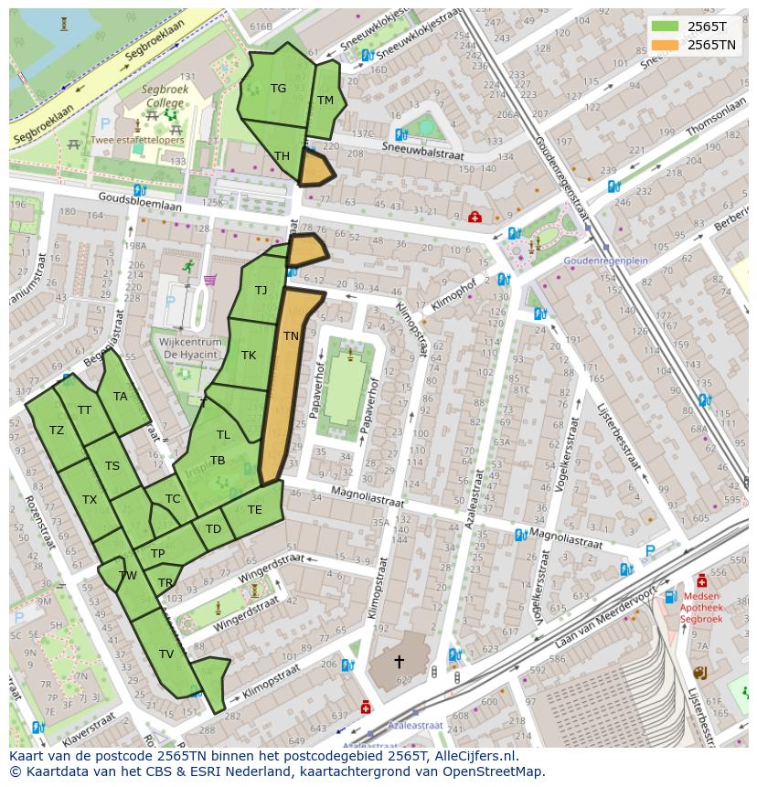Afbeelding van het postcodegebied 2565 TN op de kaart.