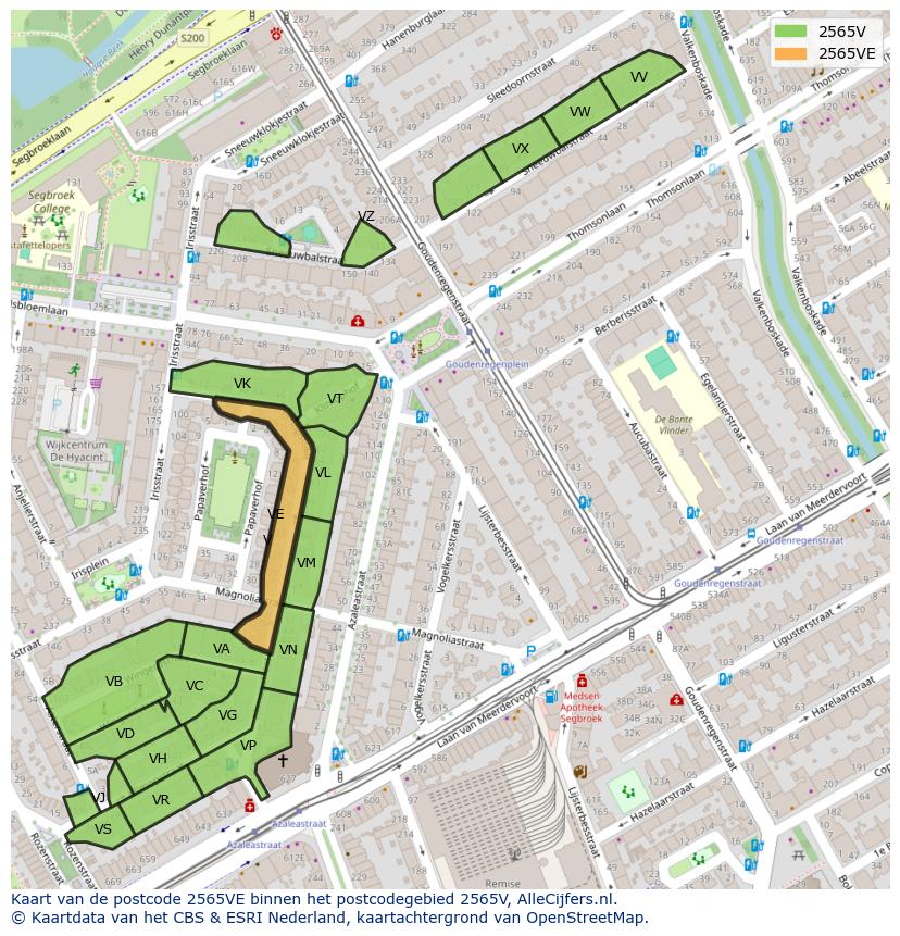 Afbeelding van het postcodegebied 2565 VE op de kaart.