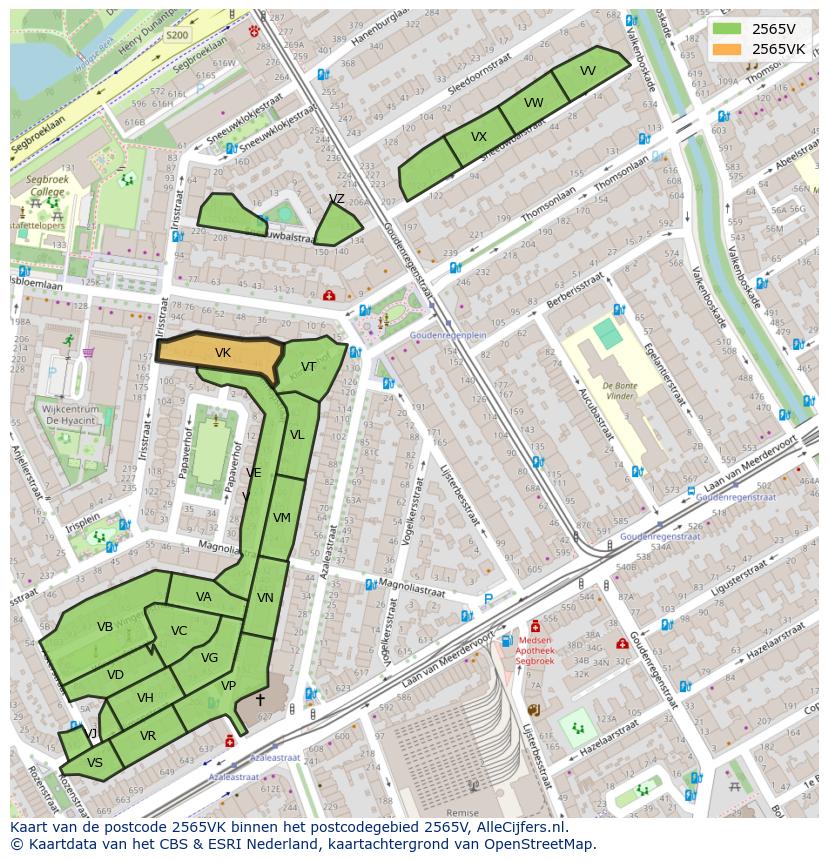 Afbeelding van het postcodegebied 2565 VK op de kaart.