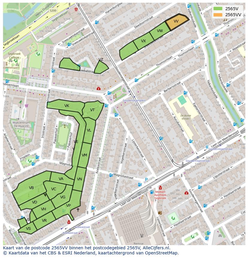 Afbeelding van het postcodegebied 2565 VV op de kaart.