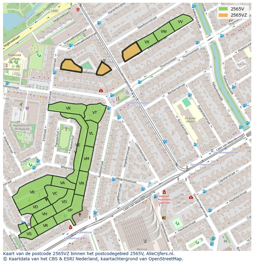 Afbeelding van het postcodegebied 2565 VZ op de kaart.