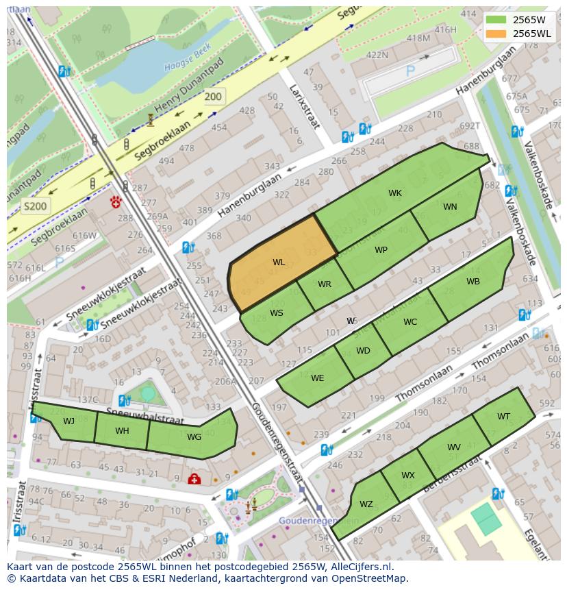 Afbeelding van het postcodegebied 2565 WL op de kaart.