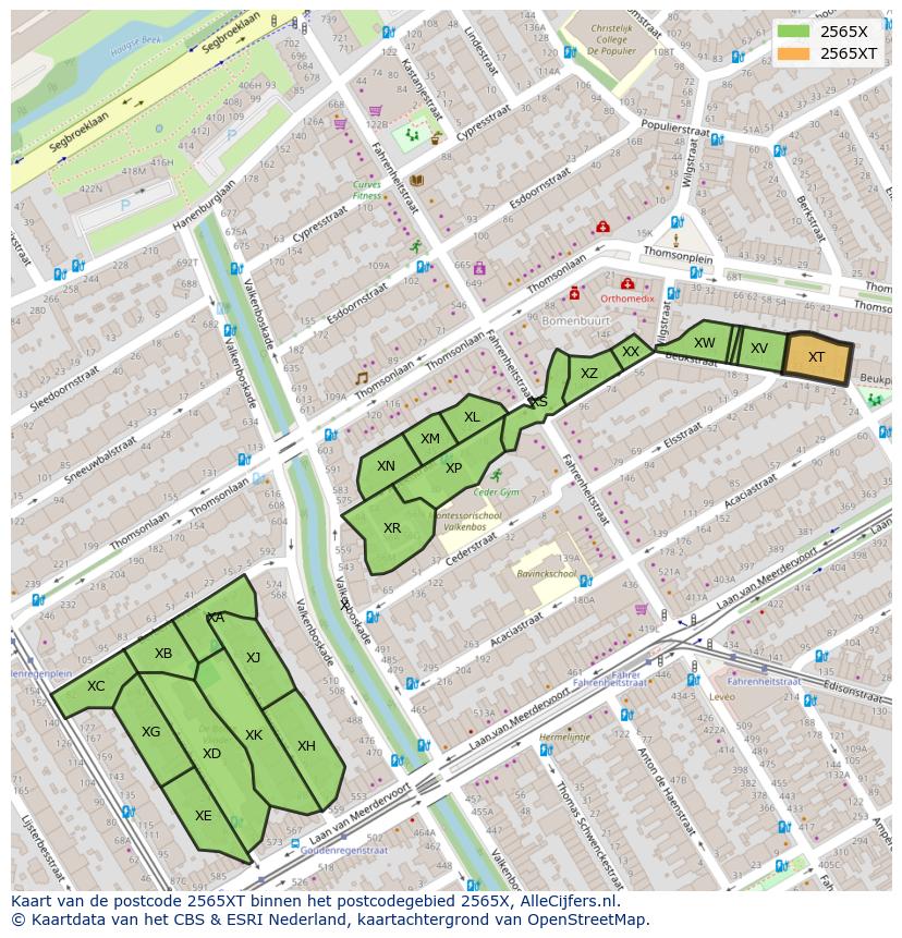 Afbeelding van het postcodegebied 2565 XT op de kaart.