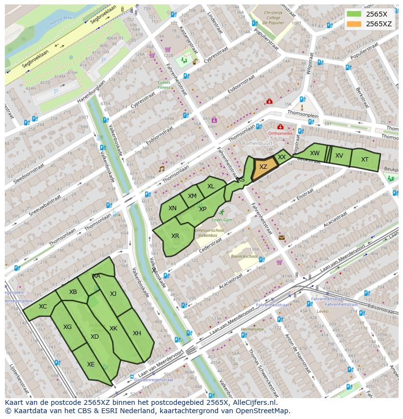 Afbeelding van het postcodegebied 2565 XZ op de kaart.