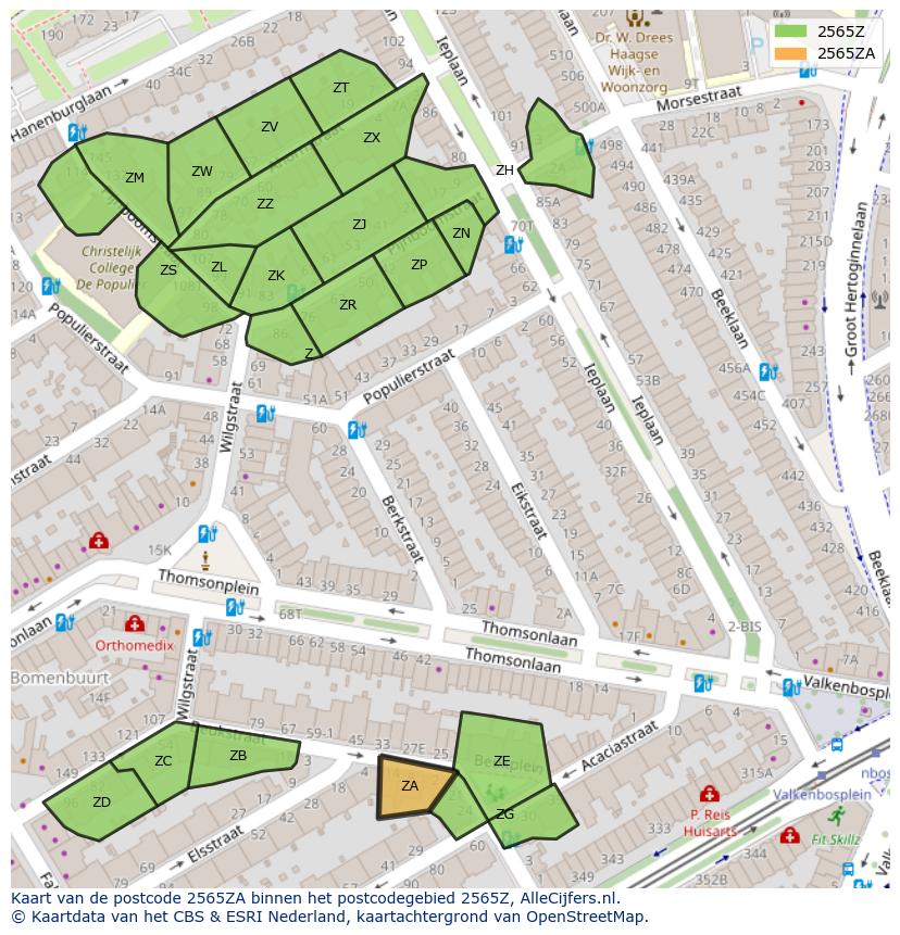 Afbeelding van het postcodegebied 2565 ZA op de kaart.