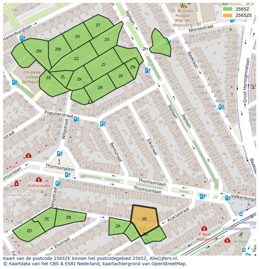 Afbeelding van het postcodegebied 2565 ZE op de kaart.