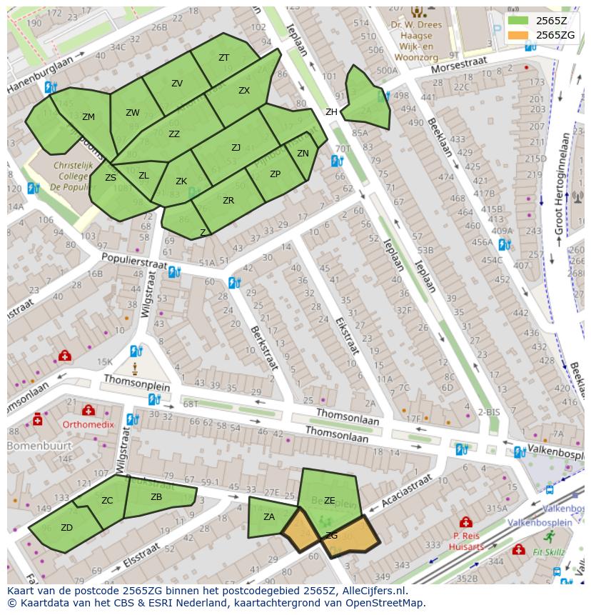 Afbeelding van het postcodegebied 2565 ZG op de kaart.