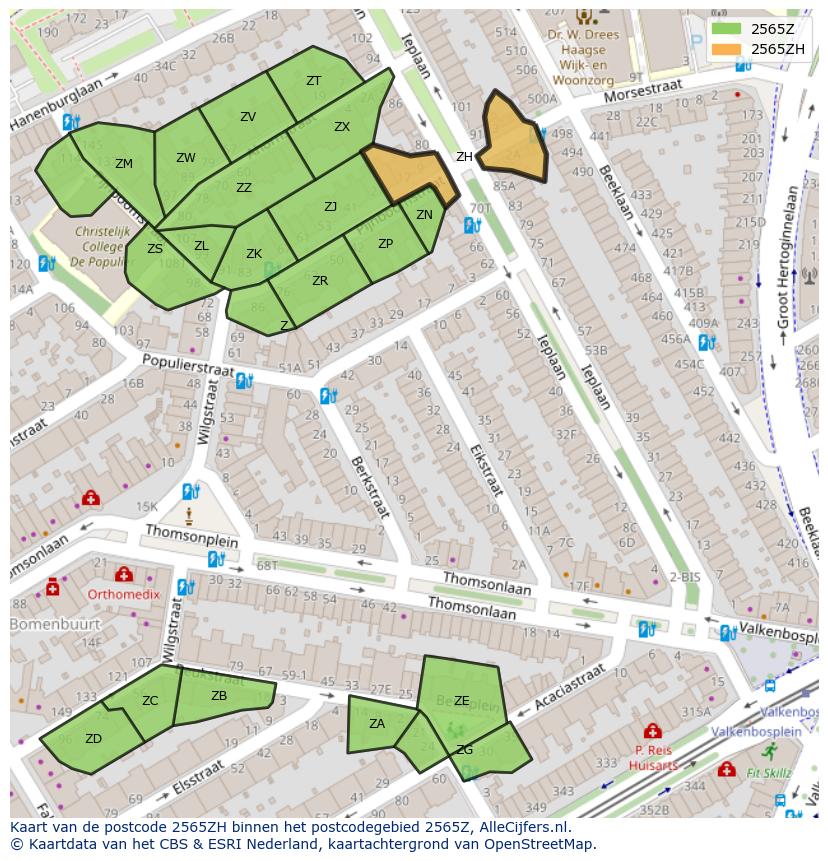 Afbeelding van het postcodegebied 2565 ZH op de kaart.