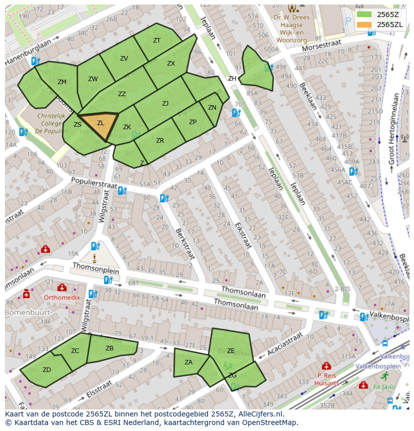 Afbeelding van het postcodegebied 2565 ZL op de kaart.