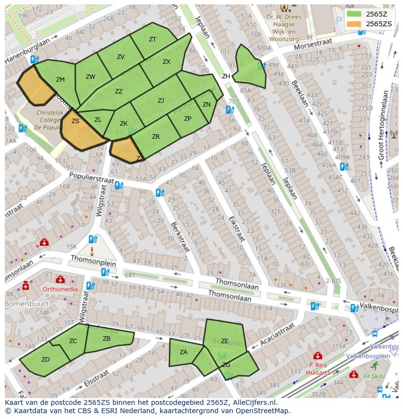 Afbeelding van het postcodegebied 2565 ZS op de kaart.