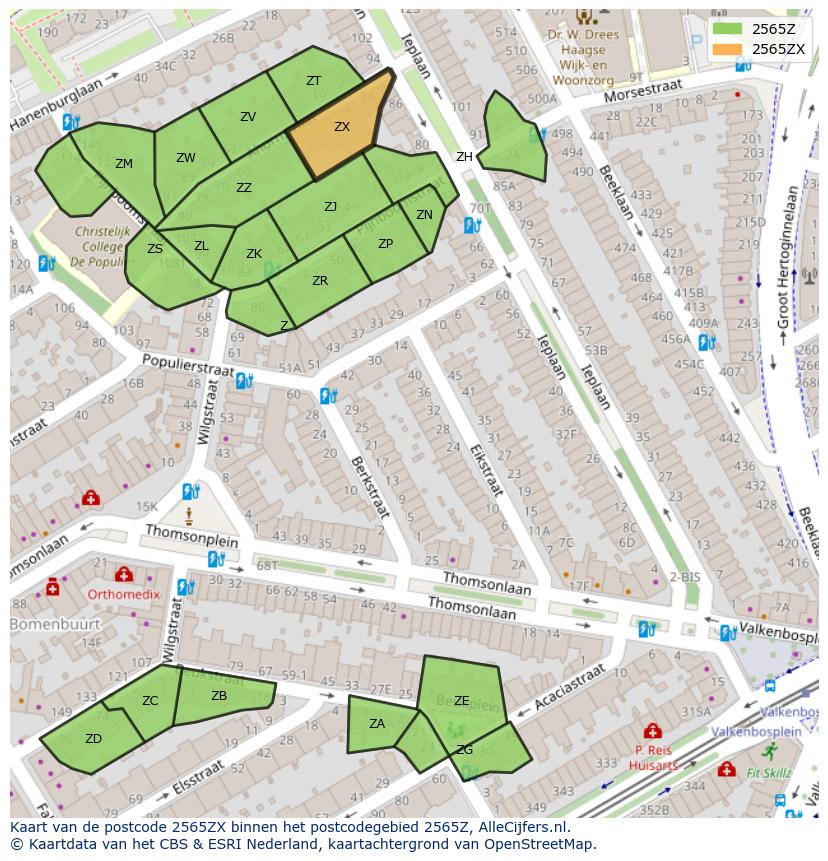 Afbeelding van het postcodegebied 2565 ZX op de kaart.