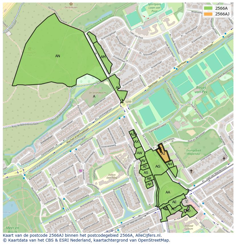 Afbeelding van het postcodegebied 2566 AJ op de kaart.