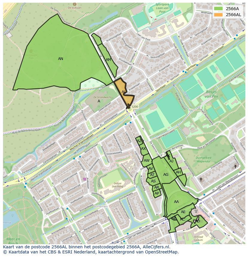 Afbeelding van het postcodegebied 2566 AL op de kaart.