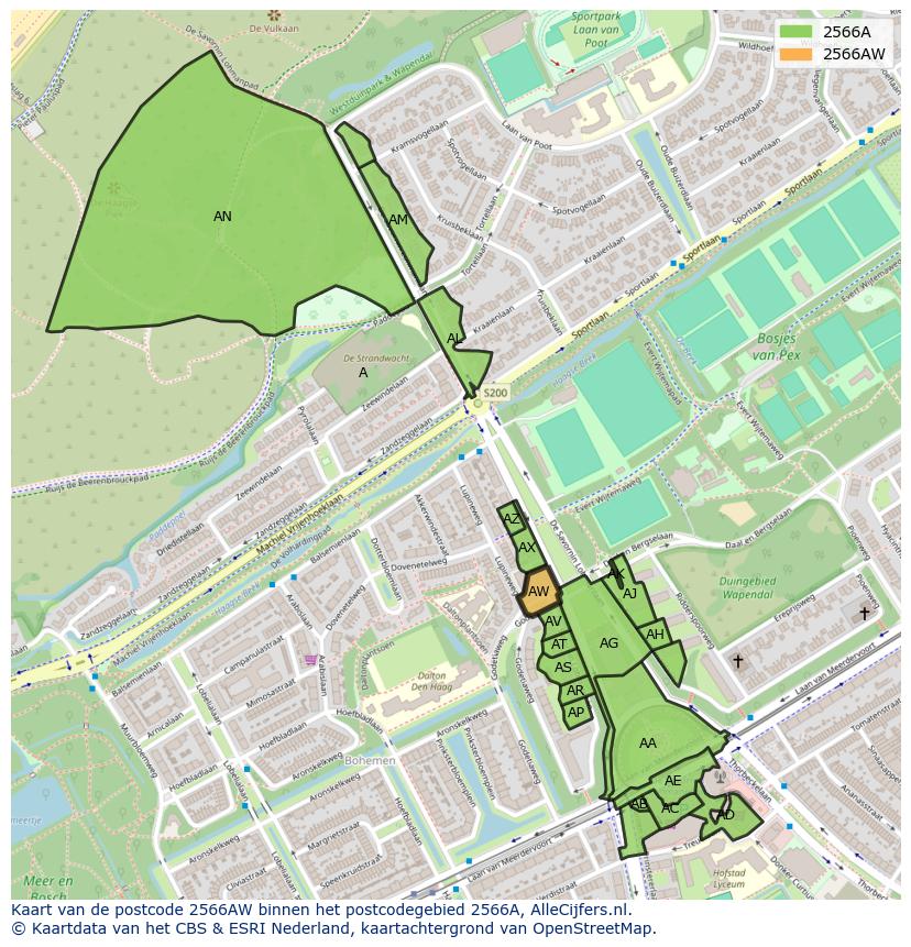 Afbeelding van het postcodegebied 2566 AW op de kaart.
