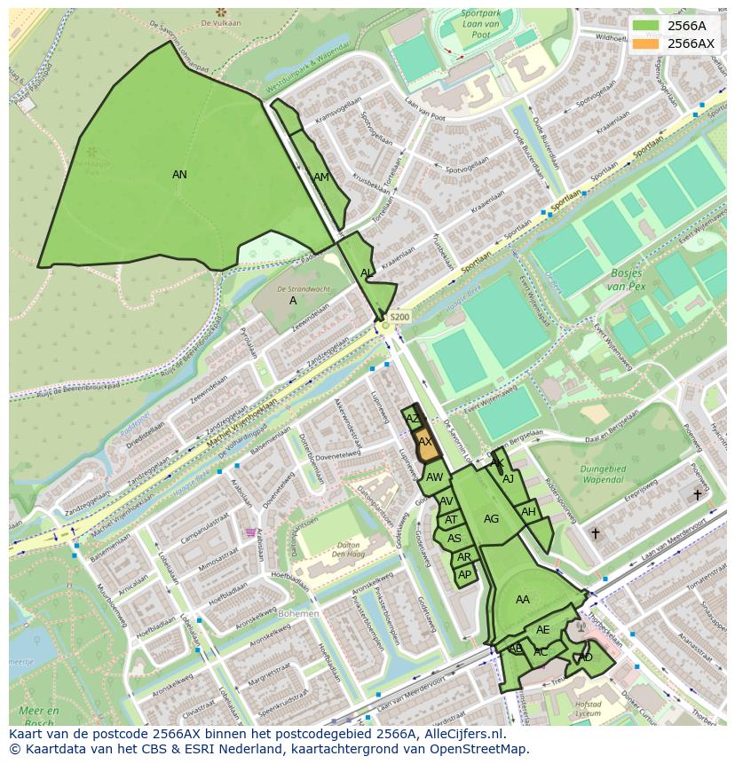 Afbeelding van het postcodegebied 2566 AX op de kaart.