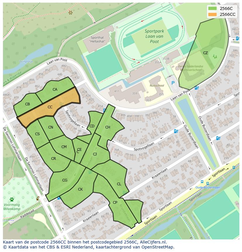 Afbeelding van het postcodegebied 2566 CC op de kaart.