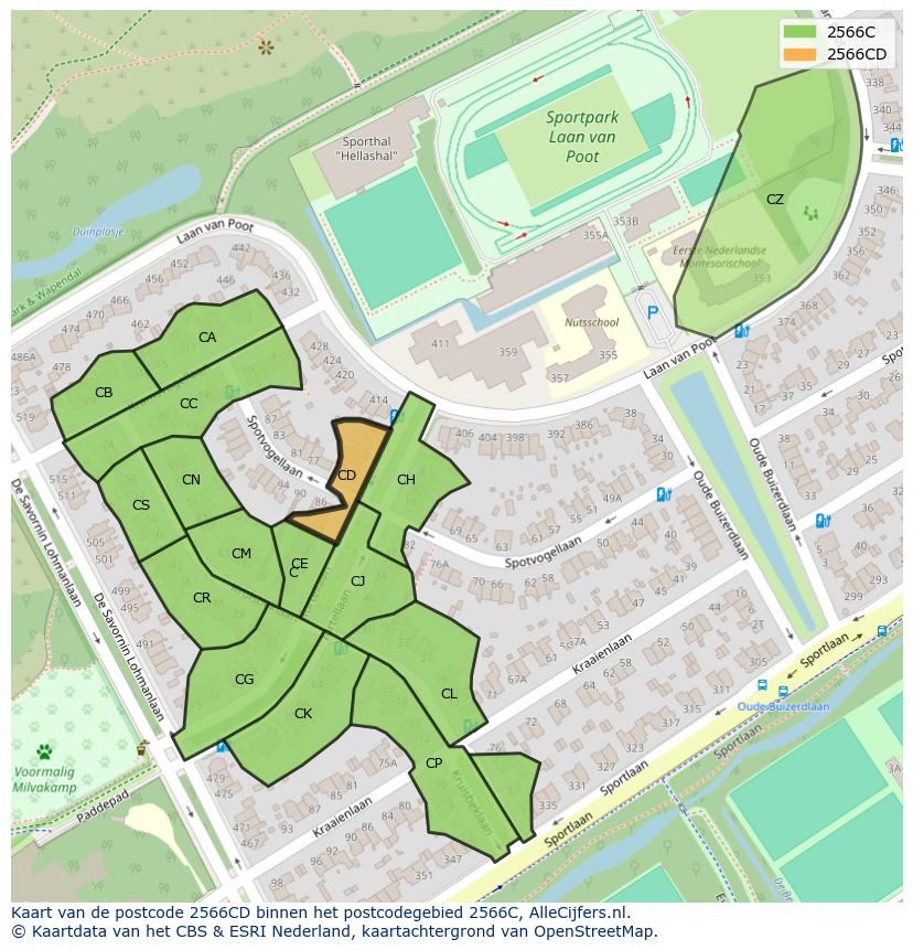Afbeelding van het postcodegebied 2566 CD op de kaart.