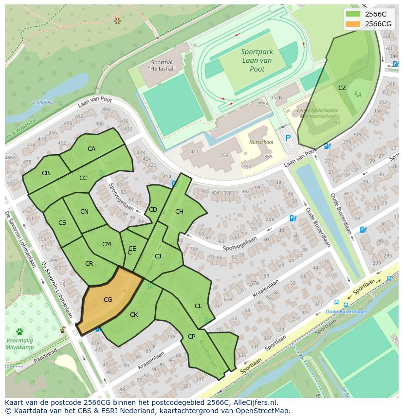 Afbeelding van het postcodegebied 2566 CG op de kaart.