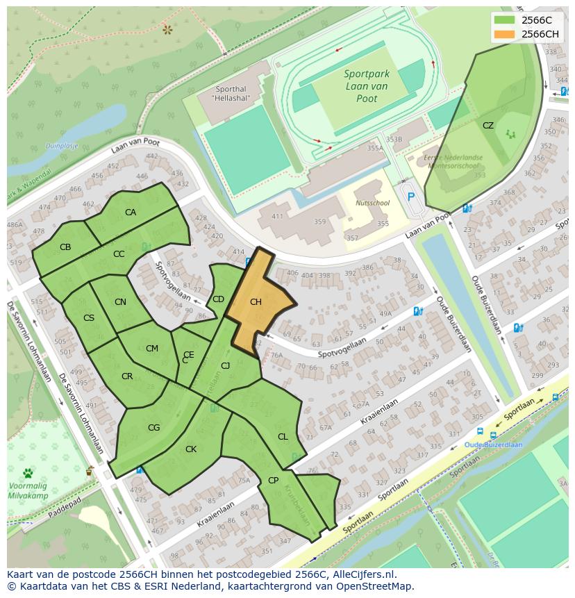 Afbeelding van het postcodegebied 2566 CH op de kaart.
