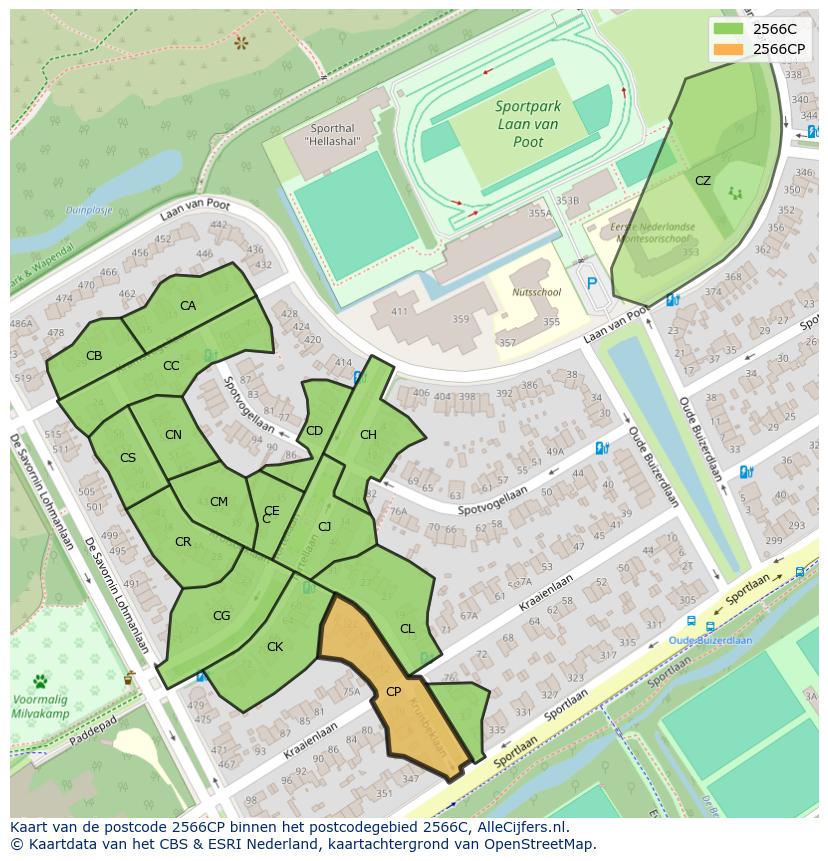 Afbeelding van het postcodegebied 2566 CP op de kaart.