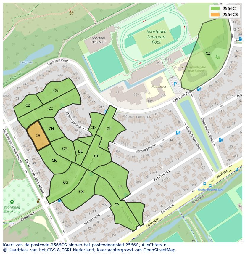 Afbeelding van het postcodegebied 2566 CS op de kaart.