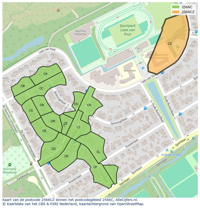 Afbeelding van het postcodegebied 2566 CZ op de kaart.