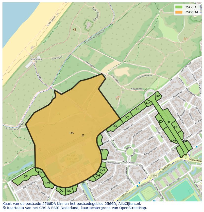 Afbeelding van het postcodegebied 2566 DA op de kaart.