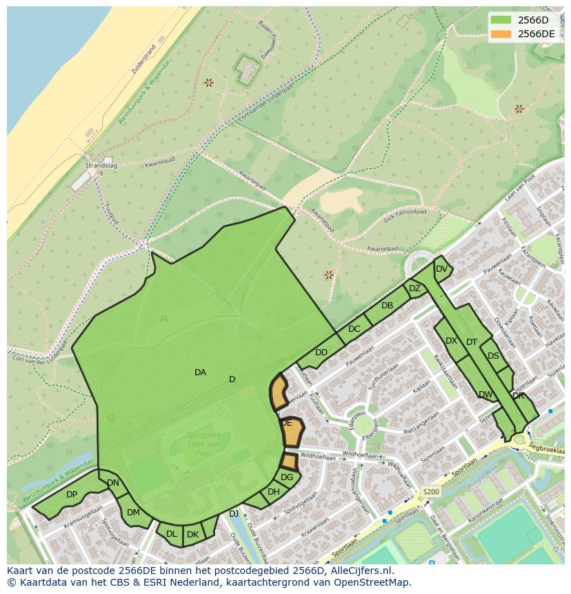 Afbeelding van het postcodegebied 2566 DE op de kaart.