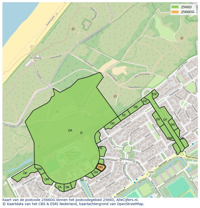 Afbeelding van het postcodegebied 2566 DG op de kaart.